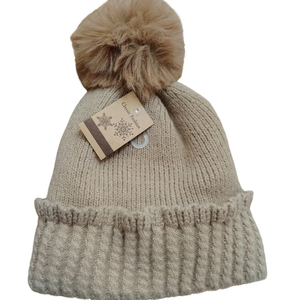 Womens Knit Pom-Pom Beanie‎ OS Tan Brown Fleece Lined Winter Ski Lodge Normcore